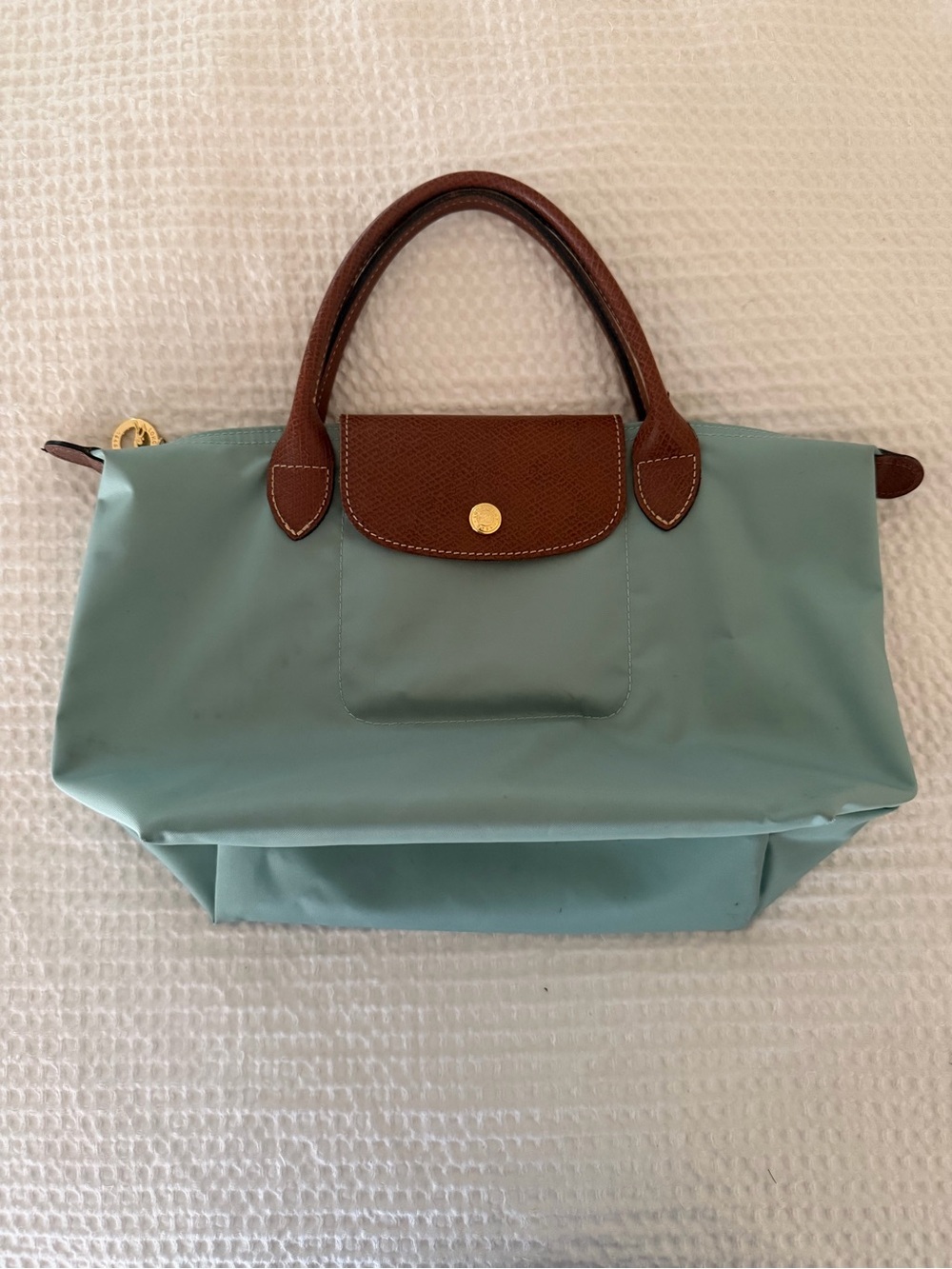 Longchamp Seafoam Tote with Brown Leather Trim